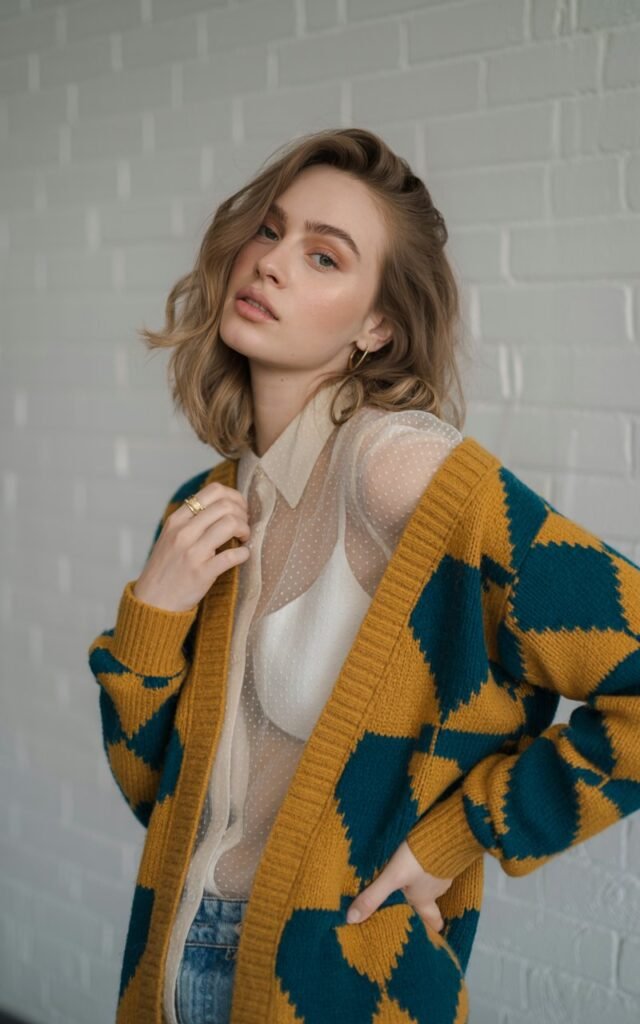 A natural-looking young woman wearing a sheer top layered under a statement jumper. Theme quirky fashion