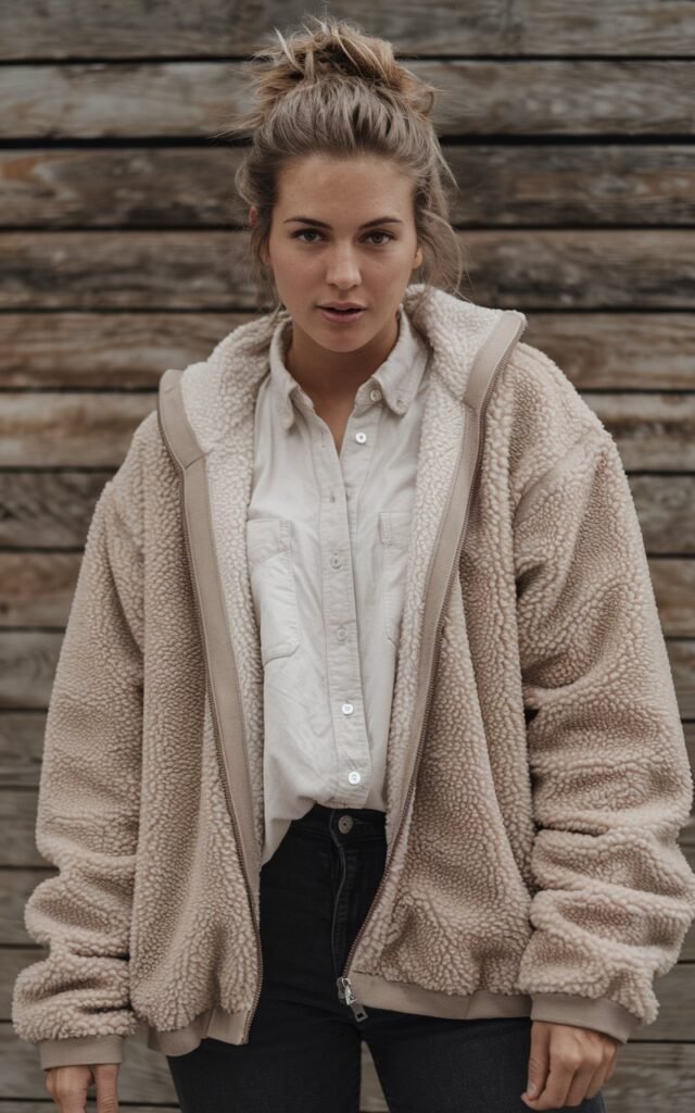 A natural-looking young woman wearing a sherpa jacket layered over a simple casual outfit. Theme thanksgiving outfit