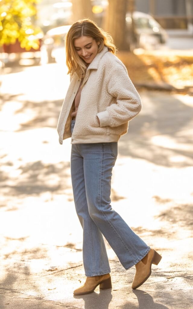 A natural-looking young woman wearing a sherpa jacket with flare jeans and ankle boots. Theme casual fall outfits