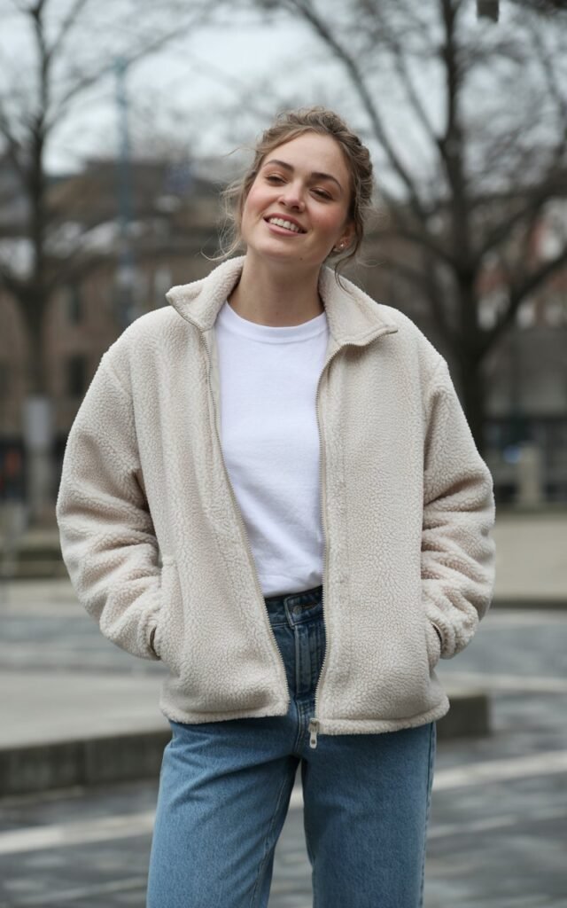 A natural-looking young woman wearing a sherpa or fleece jacket styled with everyday denim and casual shoes. Theme cold weather outfits