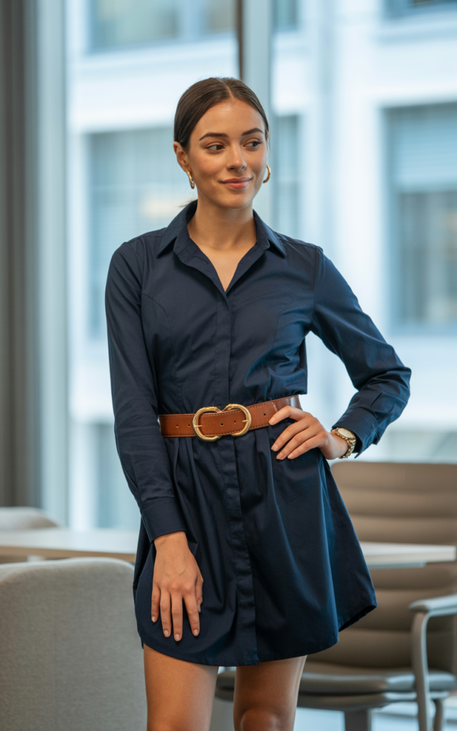 A natural-looking young woman wearing a shirt dress with a statement belt. Theme business casual outfits