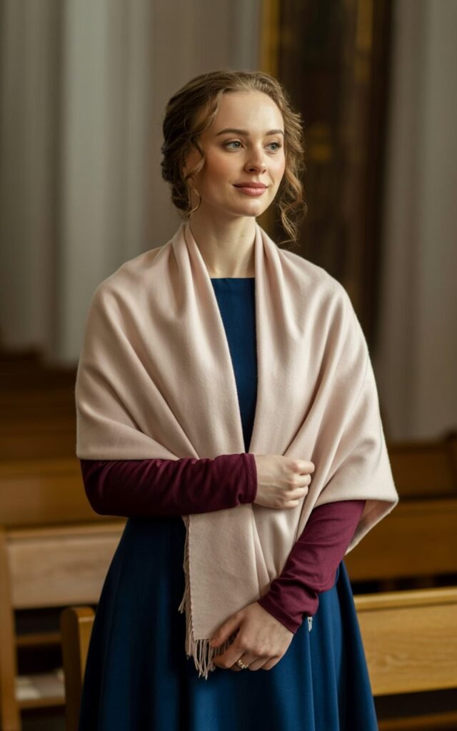 A natural-looking young woman wearing a simple church dress styled with a soft wrap or shawl. Theme church winter outfit. Generate two different images using the same prompt.