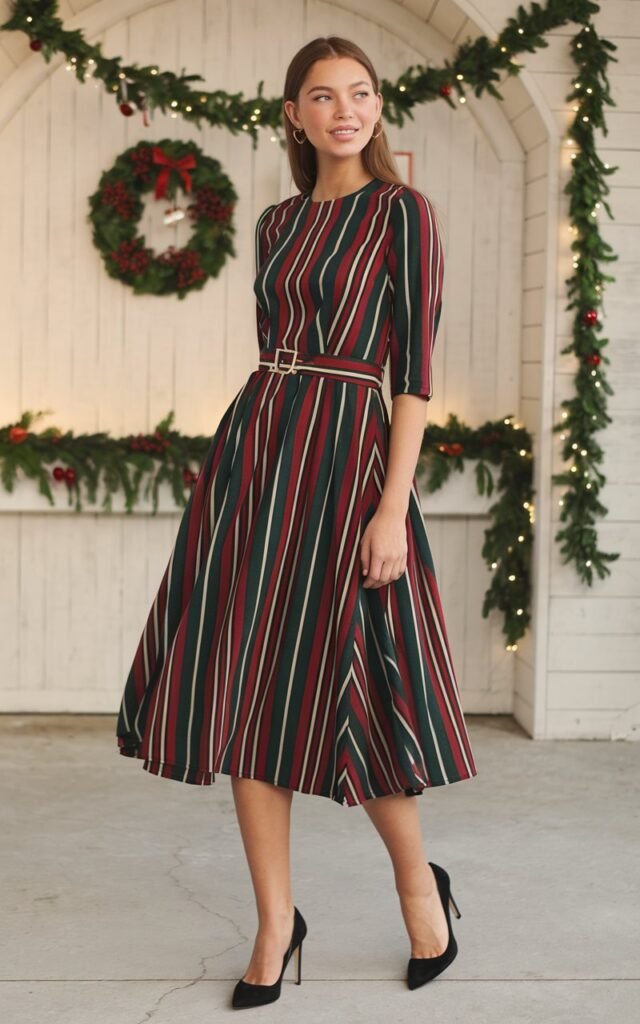 A natural-looking young woman wearing a simple dress styled with a sleek belt to define the waist. Theme holiday party outfit