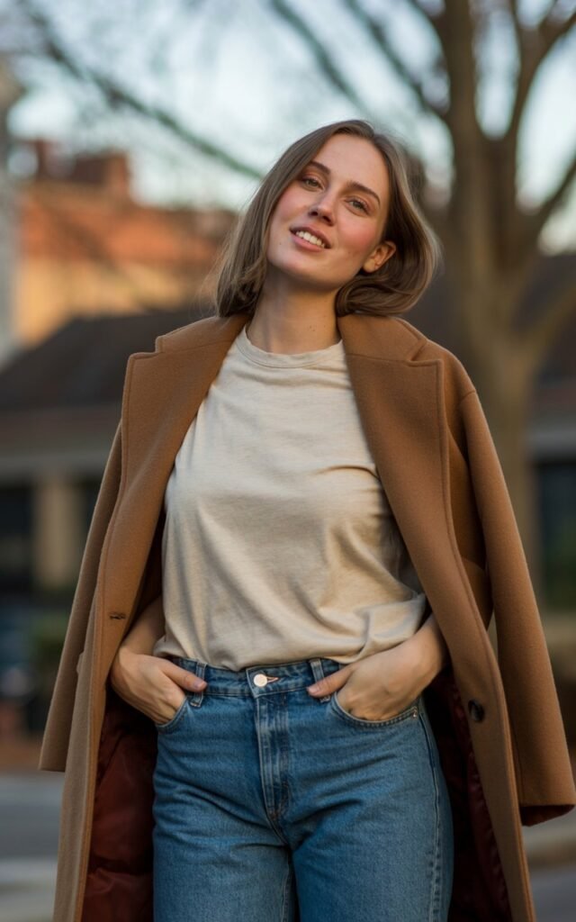 A natural-looking young woman wearing a simple jeans-and-tee outfit finished with a warm statement coat. Theme cold weather outfits