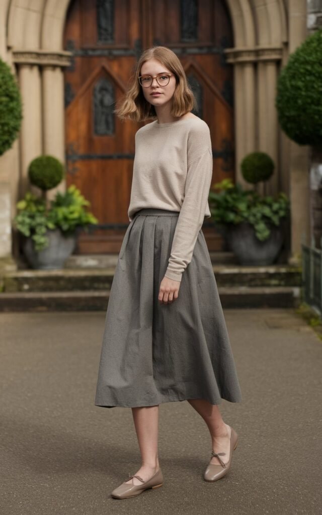A natural-looking young woman wearing a simple outfit finished with elegant flats or low heels. Theme church winter outfit