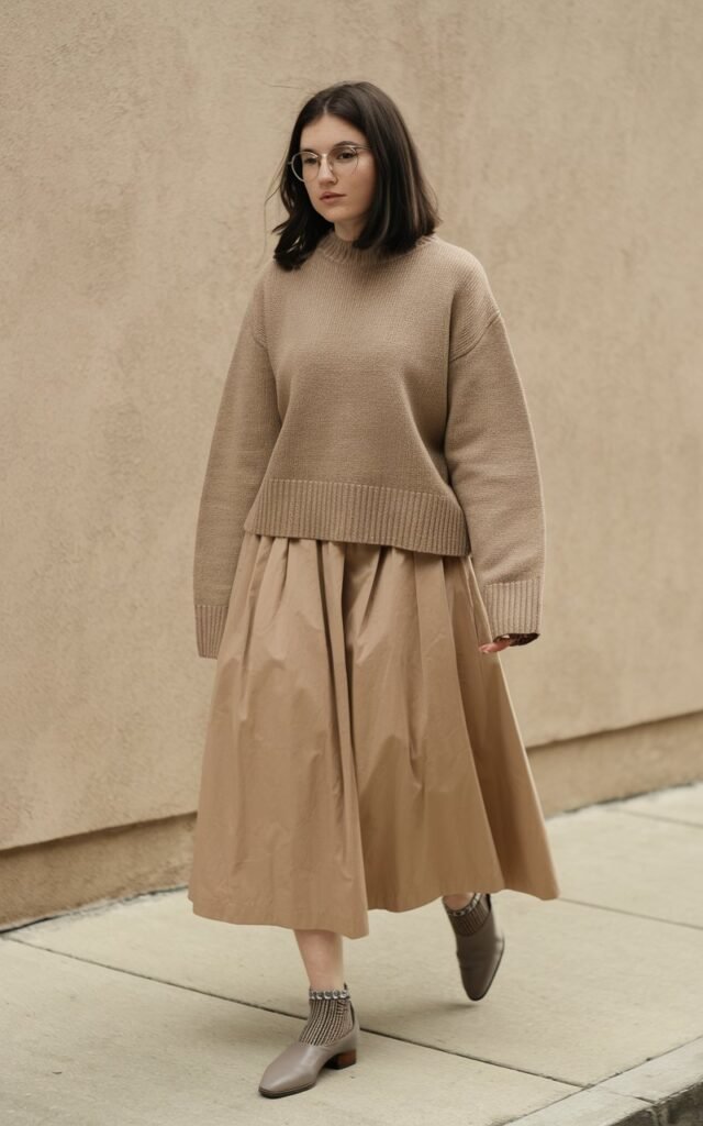 A natural-looking young woman wearing a simple outfit finished with pointed-toe shoes. Theme fashion inspo outfits