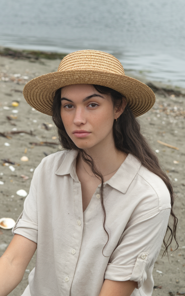 A natural-looking young woman wearing a simple outfit styled with a straw hat. Theme beach outfits