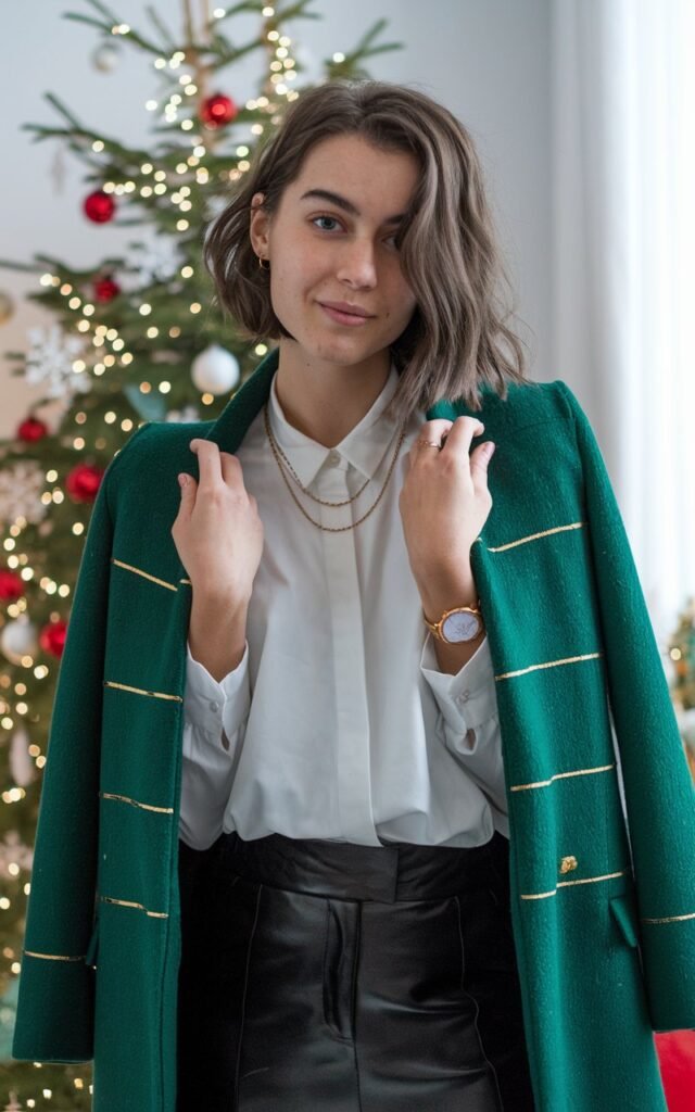 A natural-looking young woman wearing a simple party outfit topped with a statement coat. Theme holiday party outfit