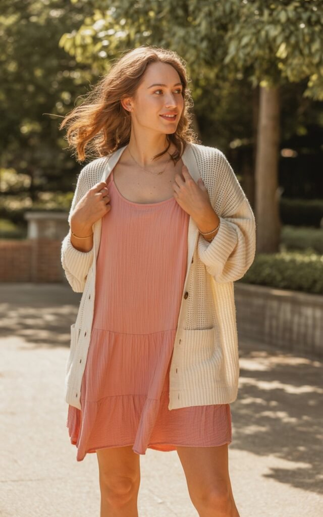 A natural-looking young woman wearing a simple tank dress layered with a lightweight cardigan. Theme cute summer outfits