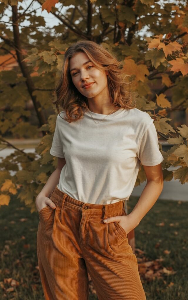 A natural-looking young woman wearing a simple white tee tucked into wide-leg corduroy pants. Theme casual fall outfits
