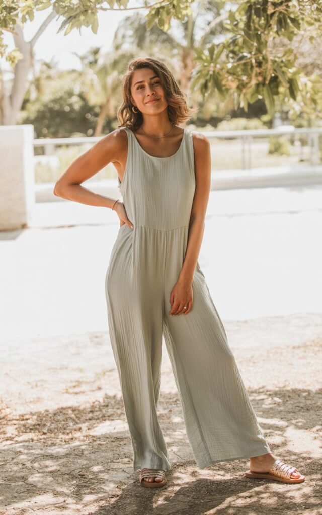 A natural-looking young woman wearing a sleeveless jumpsuit in a relaxed fit. Theme cute summer outfits