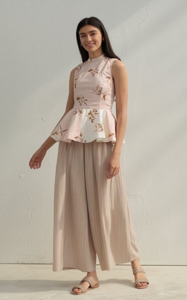 A natural-looking young woman wearing a sleeveless peplum top paired with wide-leg pants. Theme girly summer outfits