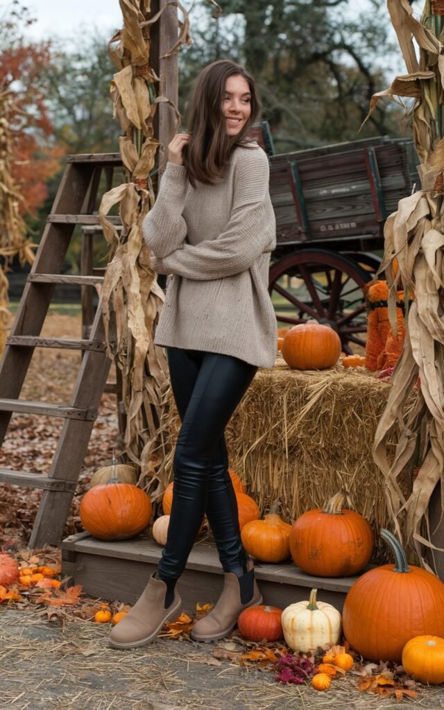 A natural-looking young woman wearing a slouchy sweater paired with leggings and Chelsea boots. Theme thanksgiving outfit