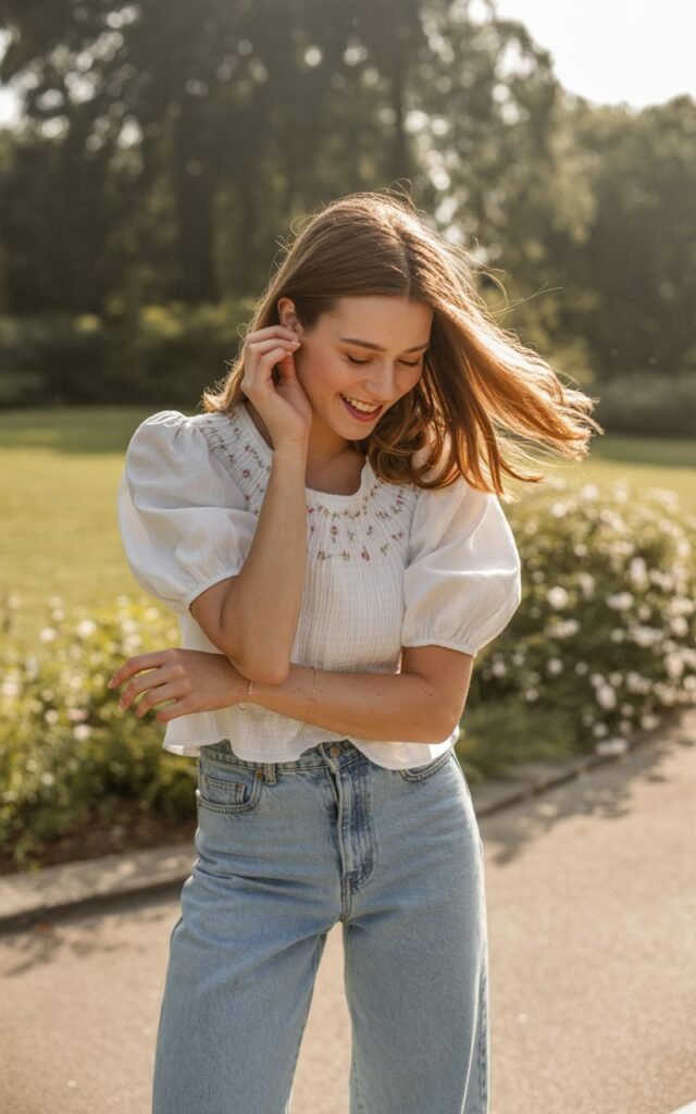 A natural-looking young woman wearing a smocked top paired with straight-leg jeans. Theme cute summer outfits