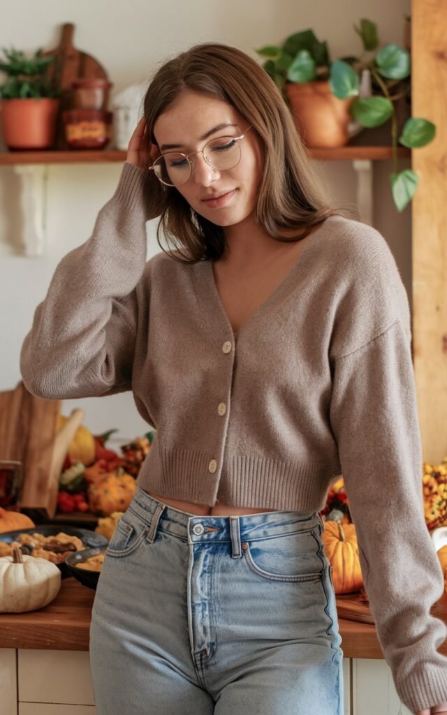 A natural-looking young woman wearing a soft cardigan paired with high-waisted straight jeans. Theme thanksgiving outfit