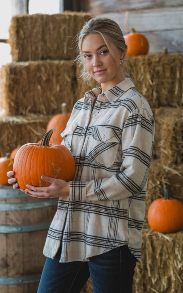 A natural-looking young woman wearing a soft flannel shirt paired with dark-wash stretch denim. Theme thanksgiving outfit
