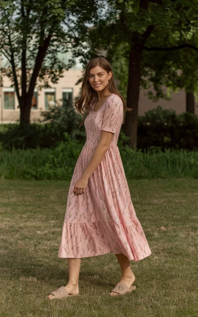 A natural-looking young woman wearing a soft jersey dress paired with slide sandals. Theme girly summer outfits