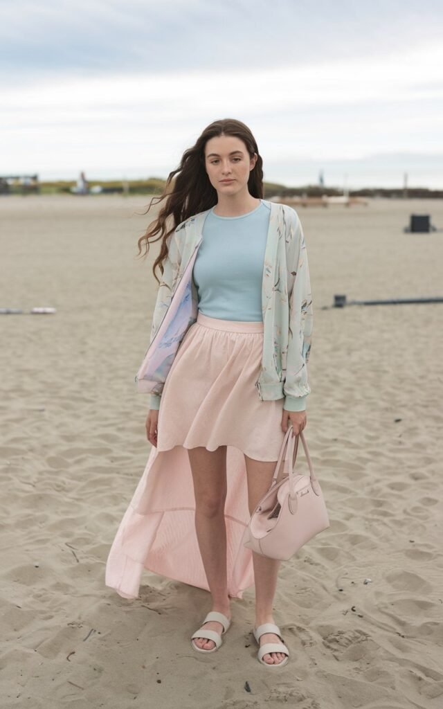 A natural-looking young woman wearing a soft pastel-colored beach outfit. Theme beach outfits