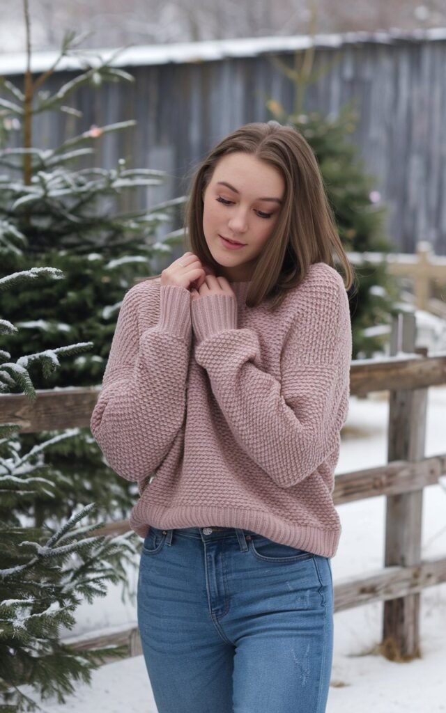 A natural-looking young woman wearing a soft pink knit sweater tucked into high-waisted jeans. Theme pink christmas outfit