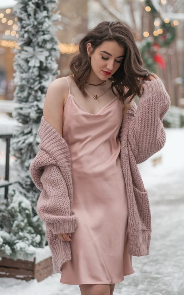 A natural-looking young woman wearing a soft pink satin slip dress styled with a chunky knit cardigan and ankle boots. Theme pink christmas outfit