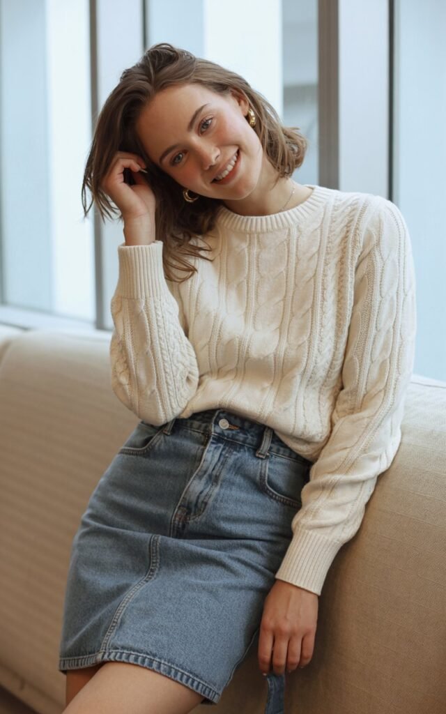 A natural-looking young woman wearing a soft sweater paired with a structured denim skirt. Theme jean skirt outfits