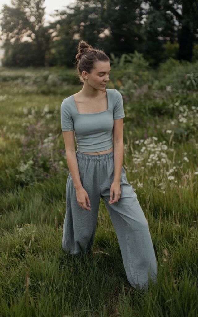 A natural-looking young woman wearing a square-neck top paired with relaxed trousers. Theme cute summer outfits