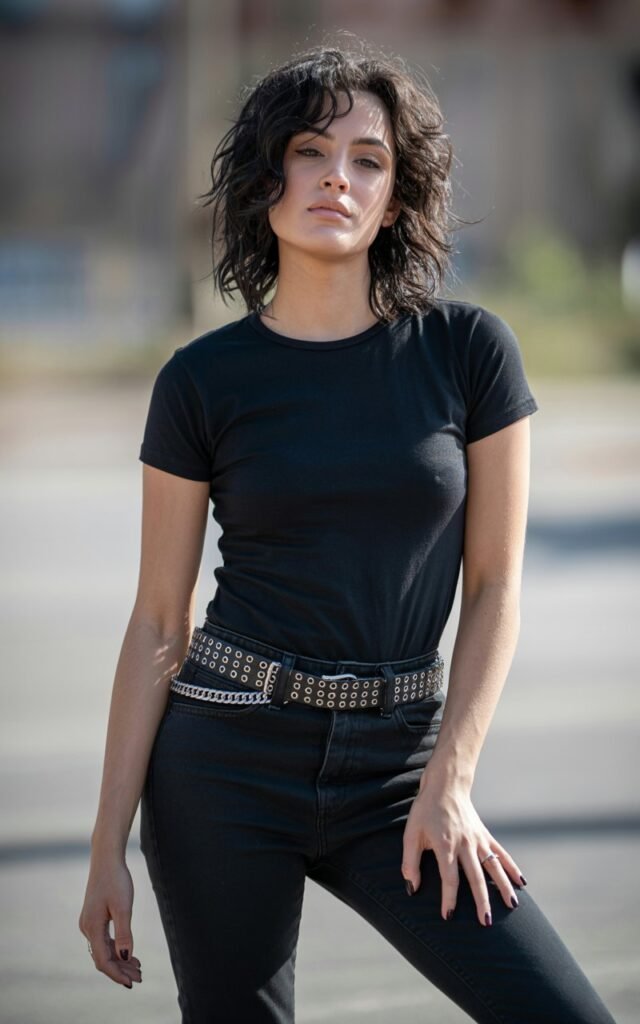 A natural-looking young woman wearing a statement belt featuring chains or grommets. Theme emo outfits