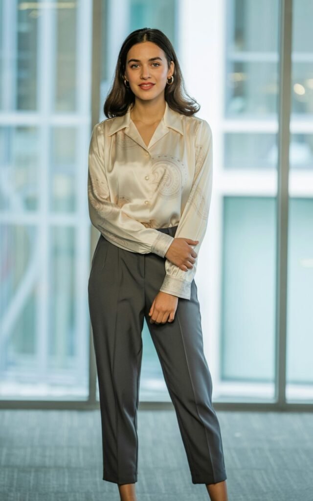 A natural-looking young woman wearing a statement blouse combined with cropped cigarette pants. Theme business casual outfits