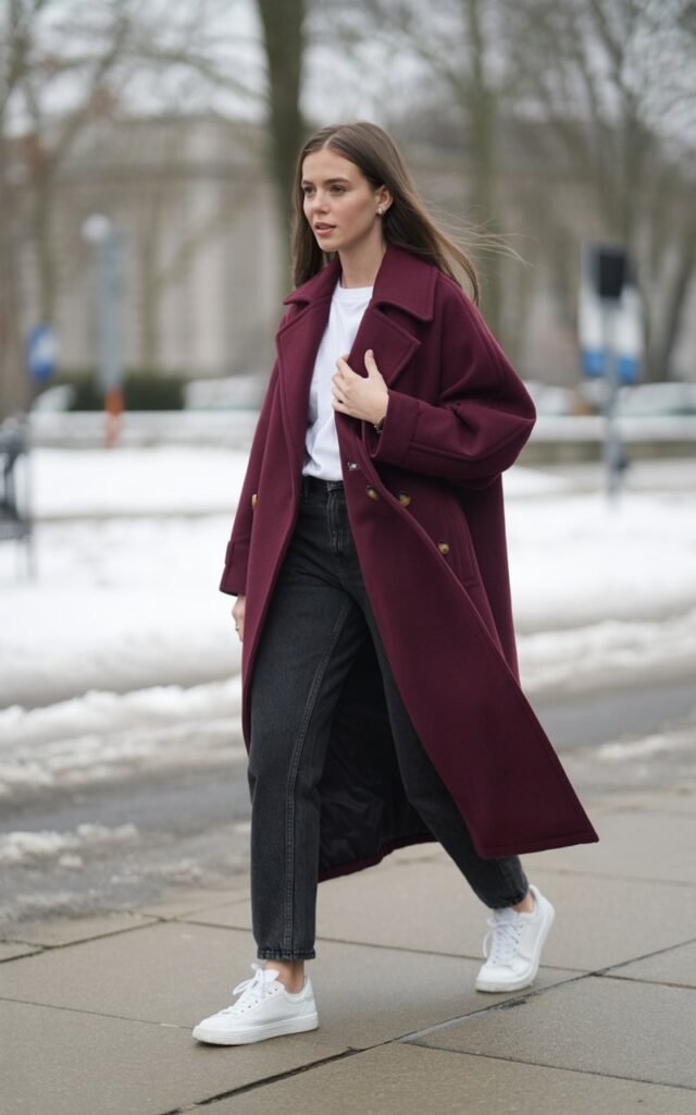 A natural-looking young woman wearing a statement coat with classic jeans and sneakers. Theme winter fashion outfits