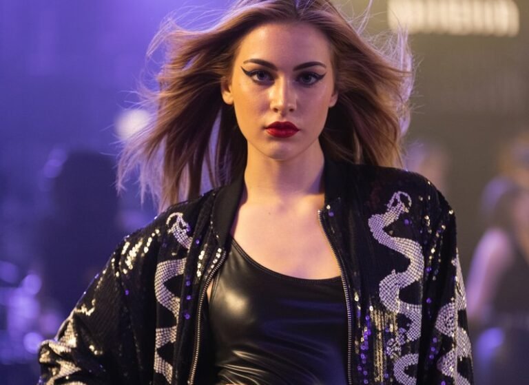 A natural-looking young woman wearing a statement jacket inspired by the Reputation era over a simple outfit. Theme eras tour outfits