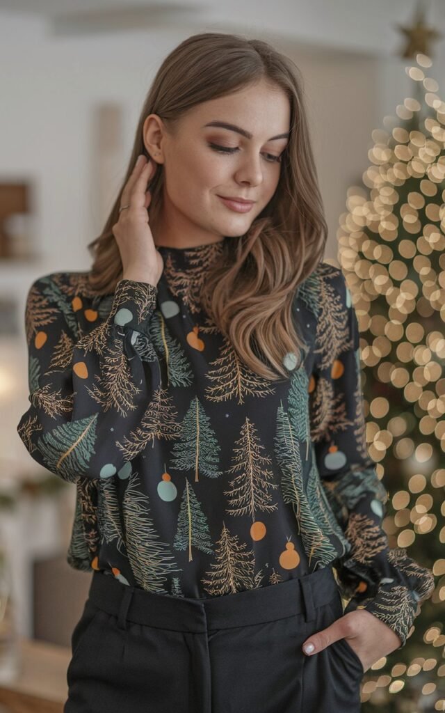 A natural-looking young woman wearing a statement top paired with classic black trousers. Theme holiday party outfit