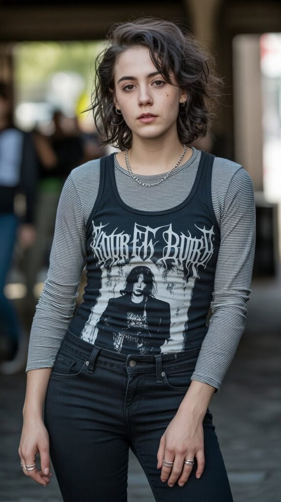 A natural-looking young woman wearing a striped long-sleeve layered under a graphic tank top. Theme emo outfits