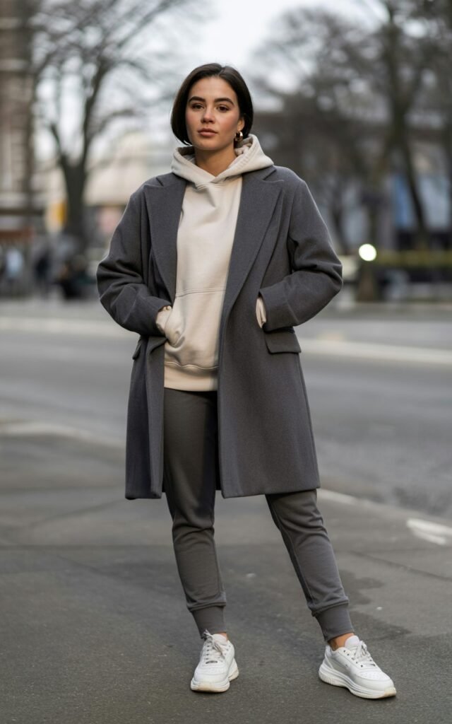 A natural-looking young woman wearing a structured coat layered over a hoodie and joggers with sneakers. Theme cold weather outfits