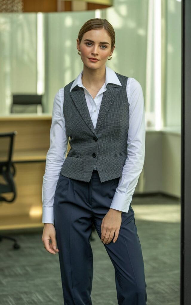 A natural-looking young woman wearing a structured vest paired with straight-leg pants. Theme business casual outfits