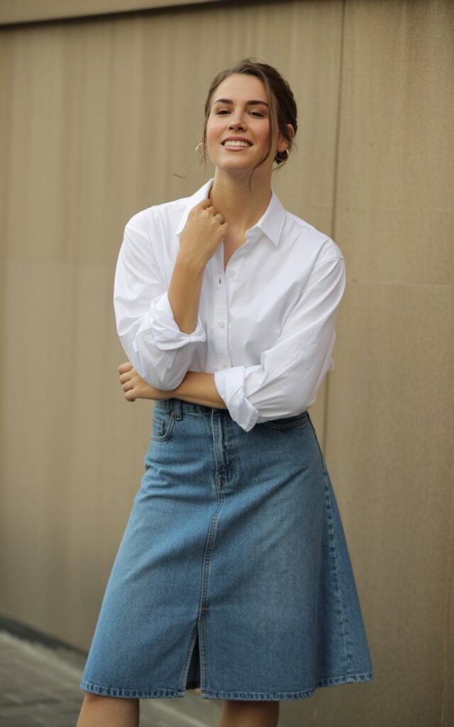A natural-looking young woman wearing a structured white button-down tucked into a midi jean skirt. Theme jean skirt outfits