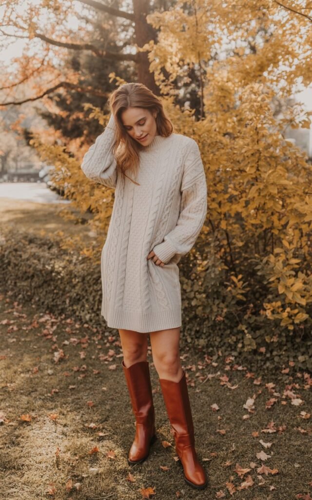 A natural-looking young woman wearing a sweater dress paired with knee-high boots. Theme casual fall outfits