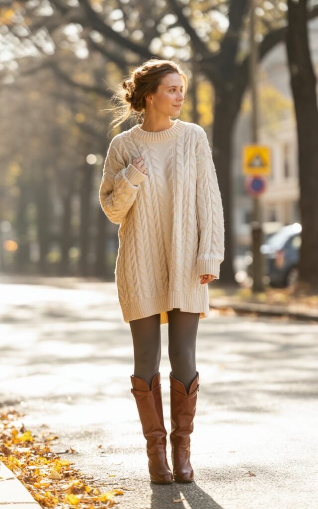 A natural-looking young woman wearing a sweater dress styled with tights and knee-high boots. Theme cold weather outfits