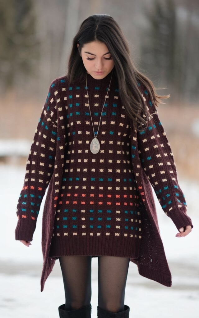 A natural-looking young woman wearing a sweater dress styled with tights and tall boots. Theme winter fashion outfits 