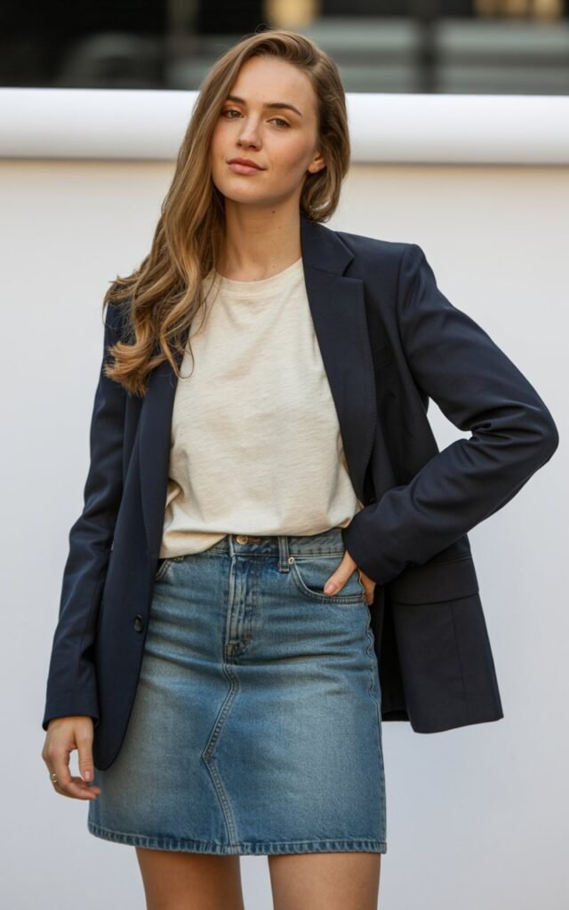 A natural-looking young woman wearing a tailored blazer over a simple top with a casual jean skirt. Theme jean skirt outfits