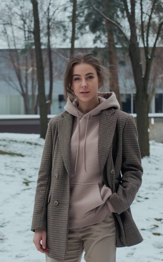 A natural-looking young woman wearing a tailored blazer styled over a cozy hoodie with trousers. Theme winter fashion outfits 