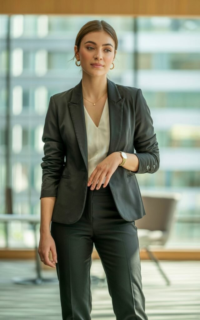 A natural-looking young woman wearing a tailored blazer with slim pants. Theme business casual outfits