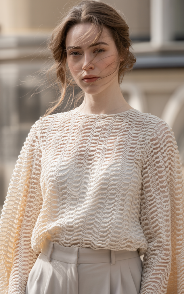 A natural-looking young woman wearing a textured lace top styled in a monochrome outfit. Theme Lace Tops and Outfits