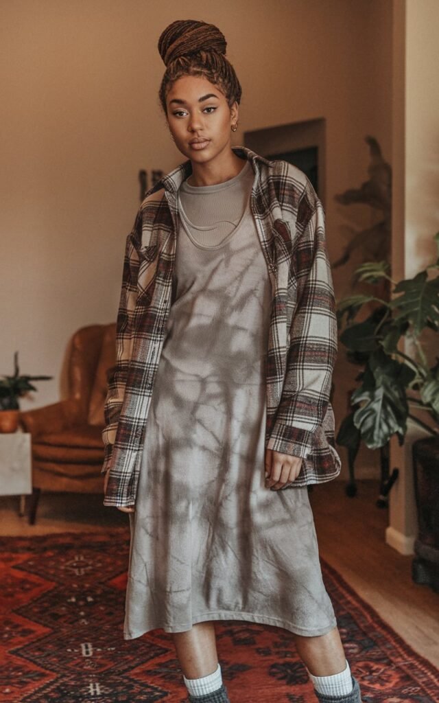 A natural-looking young woman wearing a thermal top layered under a casual midi dress. Theme thanksgiving outfit