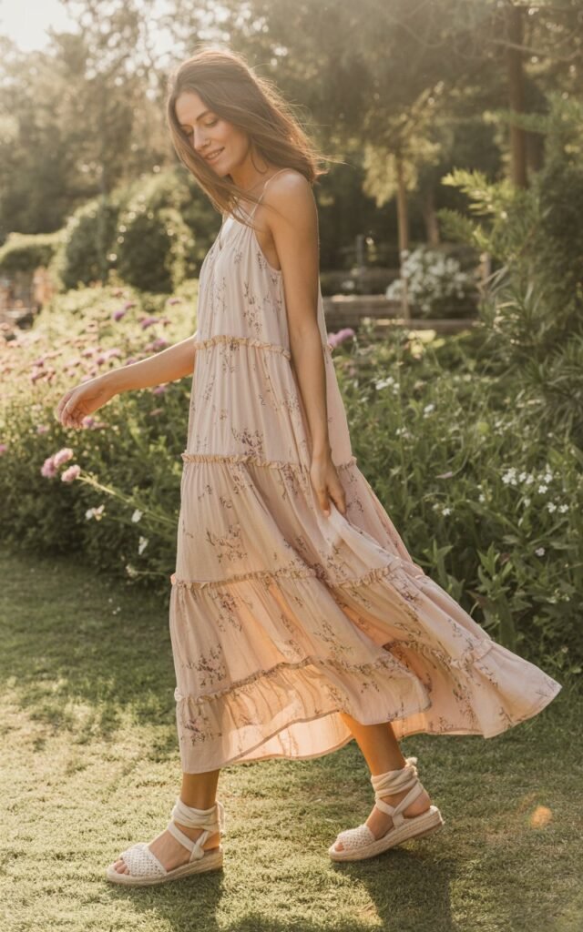 A natural-looking young woman wearing a tiered maxi dress paired with comfortable espadrilles. Theme girly summer outfits