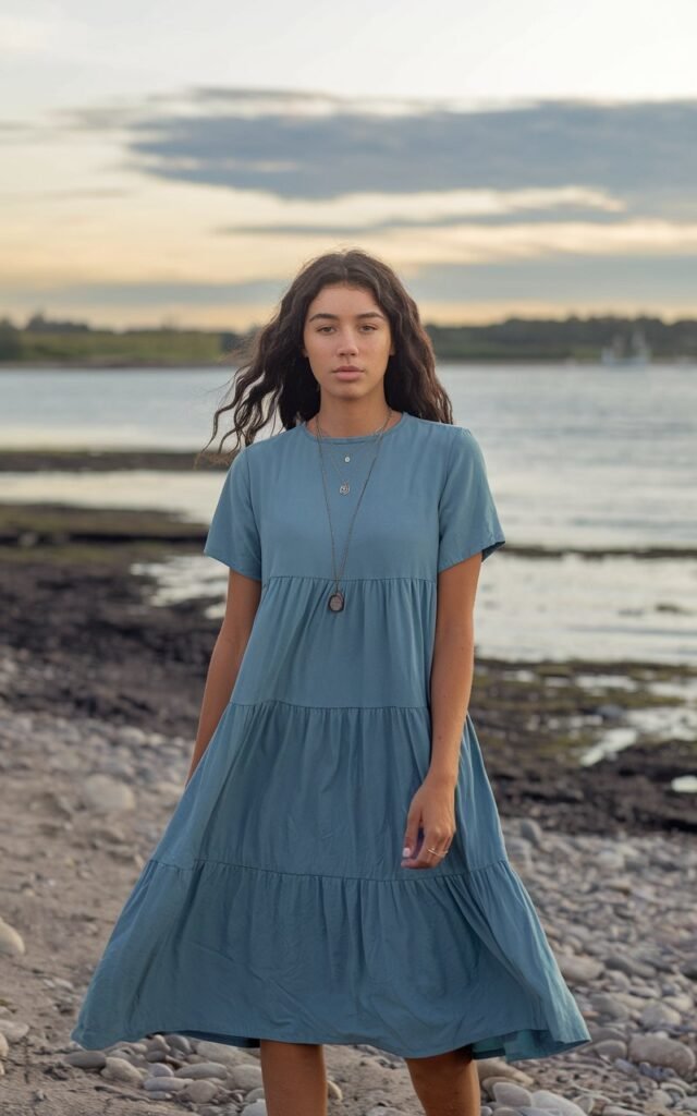 A natural-looking young woman wearing a tiered midi dress flowing in the wind. Theme beach outfits