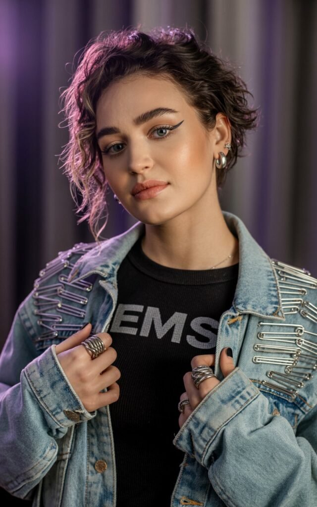 A natural-looking young woman wearing a top or jacket detailed with visible safety pins. Theme emo outfits