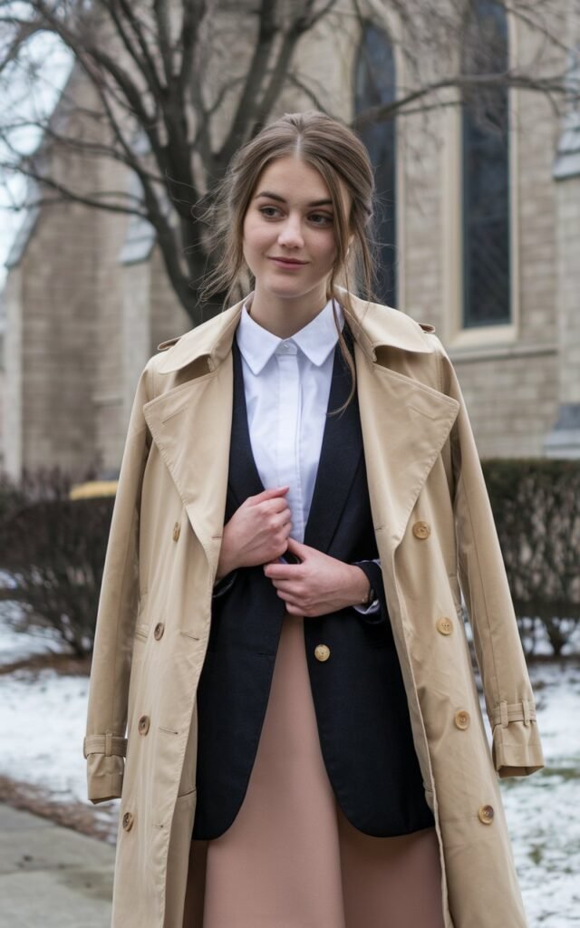 A natural-looking young woman wearing a trench coat layered over a polished Sunday outfit. Theme church winter outfit