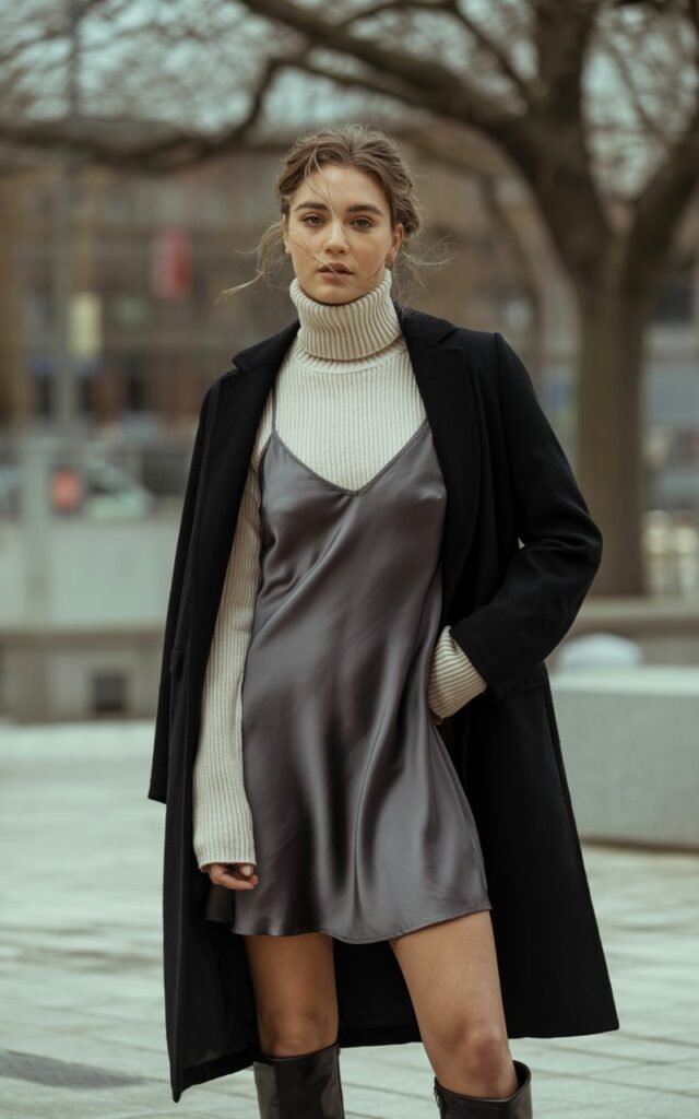 A natural-looking young woman wearing a turtleneck layered under a slip dress with boots. Theme winter fashion outfits