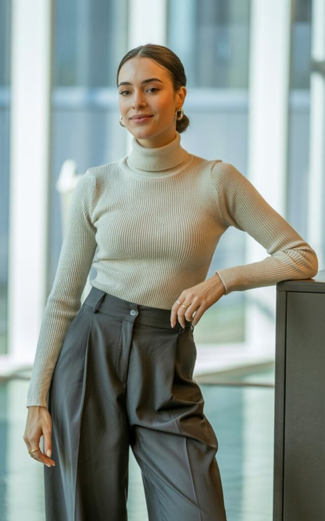 A natural-looking young woman wearing a turtleneck paired with wide-leg trousers. Theme business casual outfits