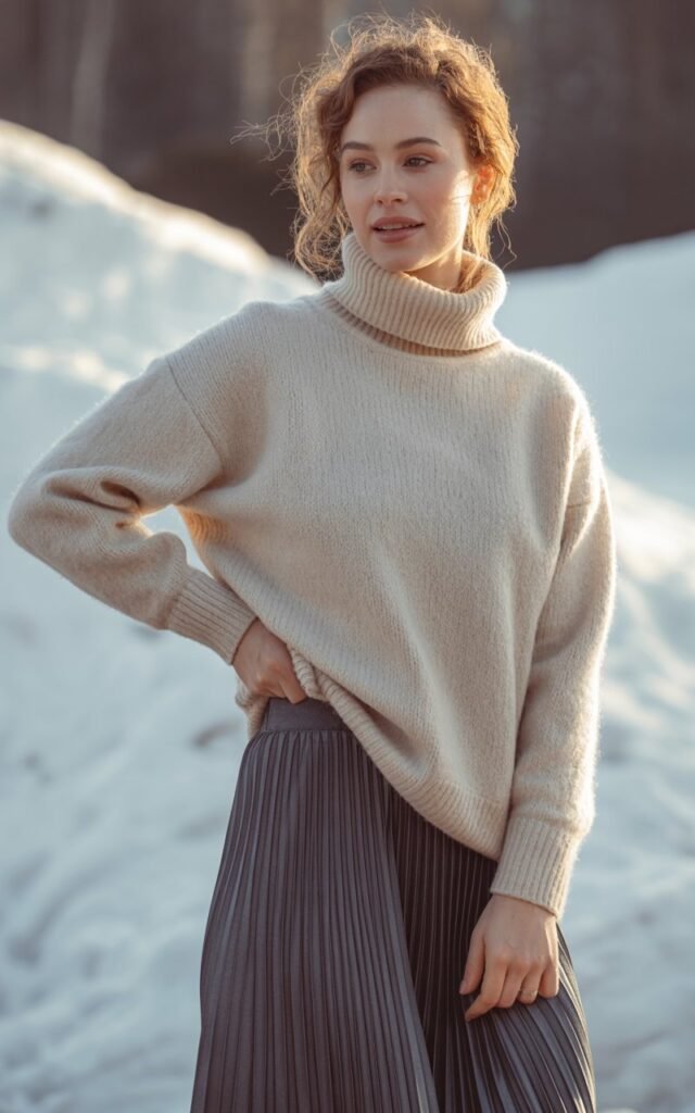 A natural-looking young woman wearing a turtleneck sweater with a pleated skirt. Theme winter fashion outfits